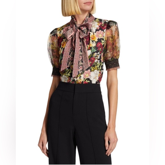 Alice + Olivia Brently Floral Tie-Neck Puff-Sleeve Top - Picture 2 of 6